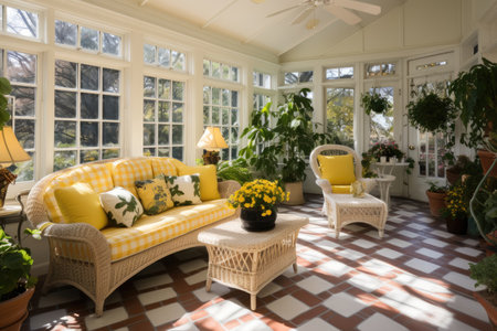 Interior of a living room with yellow sofa, armchairs and plantsの素材