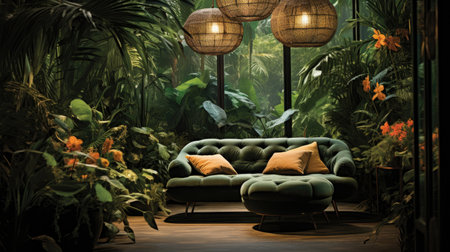 a cozy living room in a tropical garden.の素材