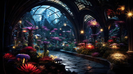 Fantasy fantasy garden with flowers and lights.の素材
