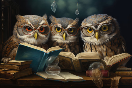 Two owls in glasses and a book on a dark background.の素材