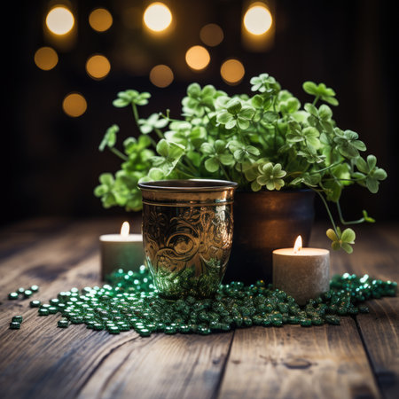 Still life with clover and candles on wooden background. St.Patrick's Dayの素材