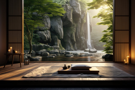 Japanese style room interior design with waterfall in the background.の素材