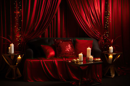 Red curtain with candles and a sofa in the interior of the roomの素材