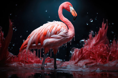 Flamingo in the water with splashes of water on a black backgroundの素材