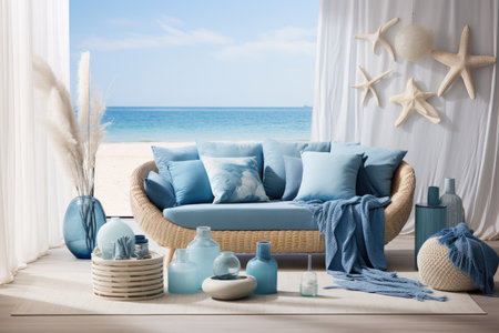 Living room with blue sofa, sea and starfish on the backgroundの素材
