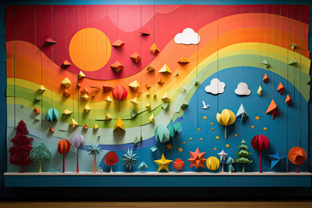 Colorful paper cut christmas tree and decoration on the wall.の素材