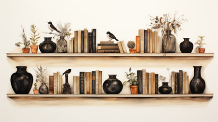 Bookshelves with vases and plants on white wall background.の素材