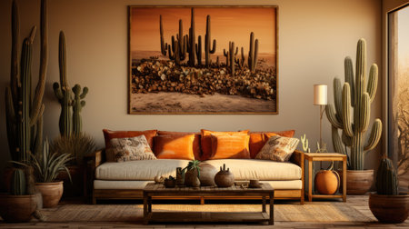 Interior of modern living room with brown sofa and cacti.の素材