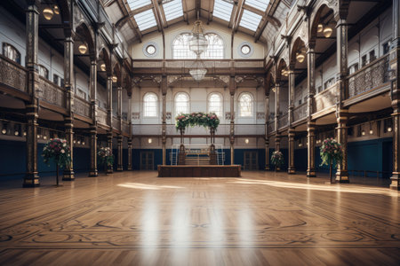 The interior of an old building with a wooden floor and a beautiful ceilingの素材