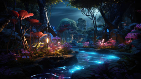 fantasy forest and lake at night with neon lightの素材