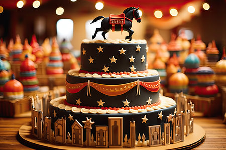 Wedding cake with horses and stars on the table in a restaurantの素材