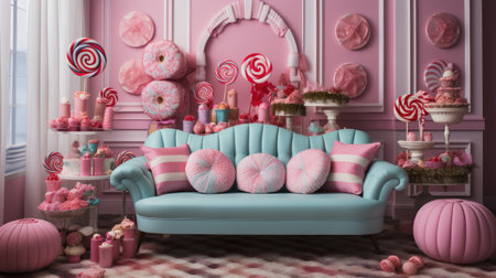 a pink blue sofa in a children's room decorated with sweetsの素材