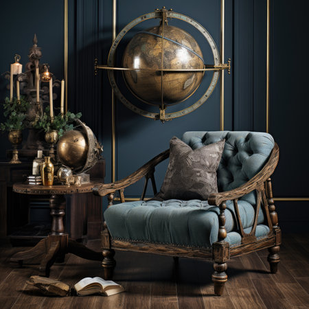 Vintage interior with armchair, books and globe.の素材