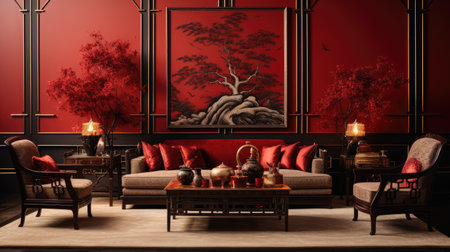 Luxury interior of living room with red walls,の素材