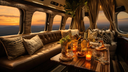 Interior of a luxury airplane with candles and cushions on the tableの素材
