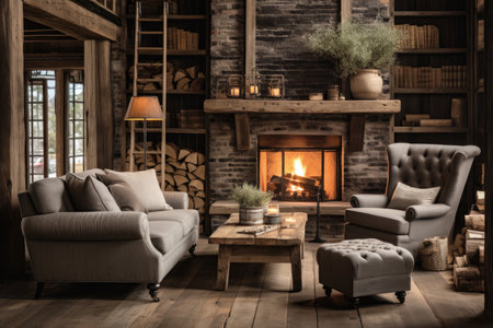 Cozy living room interior with fireplace, armchairs and bookshelvesの素材