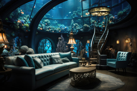 Fantasy interior of the aquarium with a blue sofa and a lampの素材