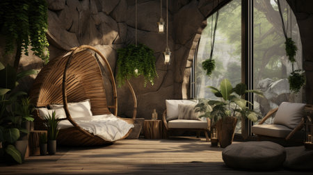 cozy living room with rattan chair on wooden floorの素材