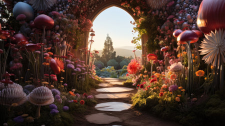 Fantasy Garden with flowers and arch at sunsetの素材