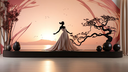 a beautiful woman in a white wedding dress standing on the terrace.の素材