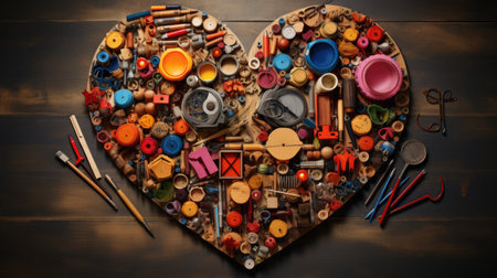 Heart shape made of various tools for handicrafts on wooden backgroundの素材