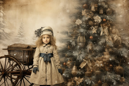 Little girl in winter clothes near the Christmas tree. Vintage style.の素材