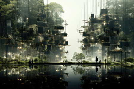 Double exposure of man and woman walking on the lake in the cityの素材