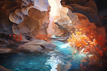 Fantasy landscape with a river and rocks in the desert.の素材