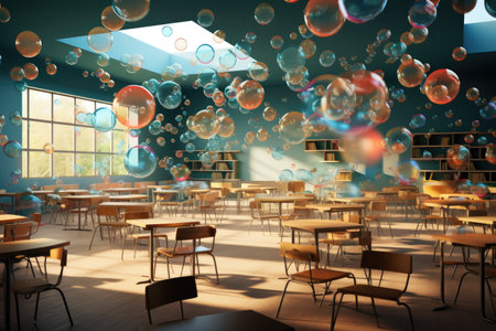 Interior of modern cafe with colorful bubbles floating in the air.の素材