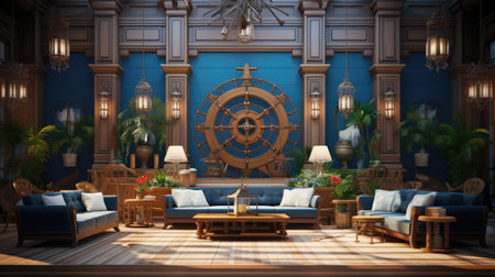 a living room interior with a sofa and a ship wheelの素材