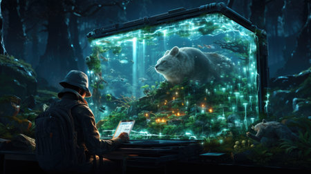 Polar bear in an aquarium with a man and a computer.の素材