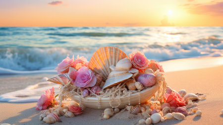 Shells on the beach at sunset. Vacation and travel conceptの素材