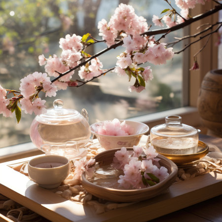Cup of tea, teapot and cherry blossoms on window sillの素材