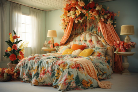 Vintage bedroom with floral bedding and pillows, interior designの素材