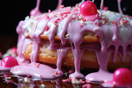 Donuts with pink icing and sprinkles on a black background.の素材