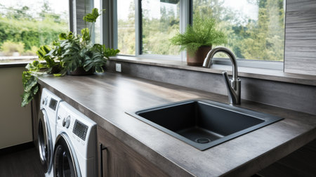 Modern kitchen with sink and faucet on the countertop.の素材