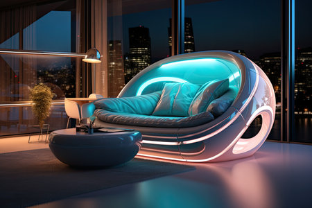 a modern living room with a large window overlooking the cityの素材