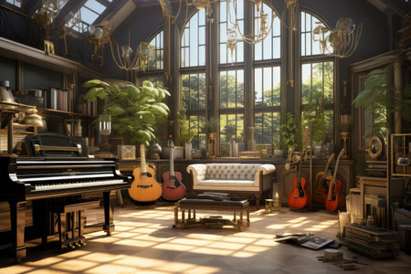 3D rendering of a living room with a piano and a guitarの素材