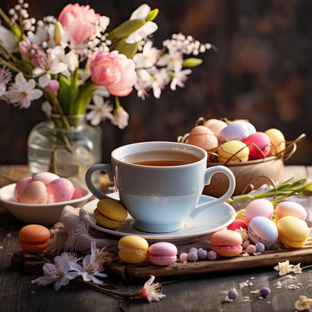 Cup of tea with macaroons and spring flowers on wooden backgroundの素材