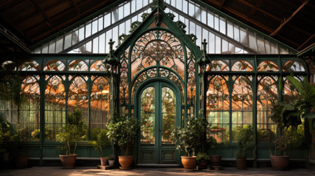 Vintage greenhouse with plants in botanical garden. Greenhouse interiorの素材
