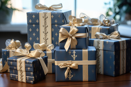 Gift boxes with golden ribbons on wooden table, closeupの素材