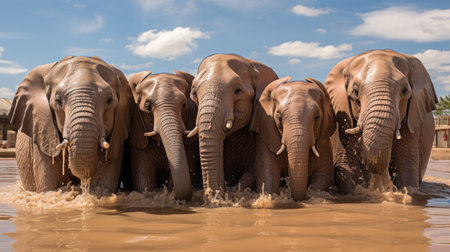 Group of elephants playing in a waterholeの素材