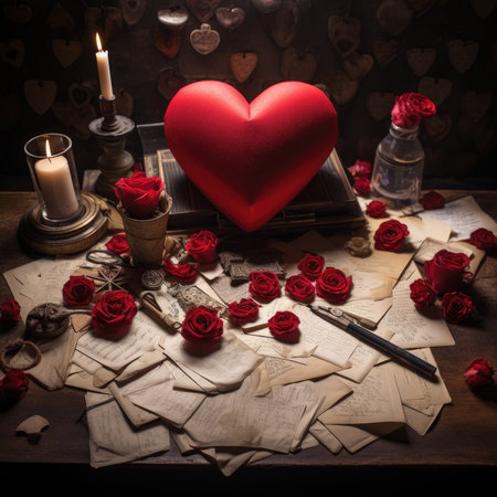 Valentine's day background with red heart and old letters on wooden tableの素材