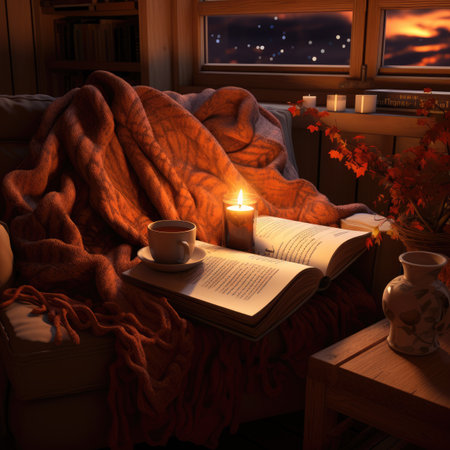 A cup of coffee, a book and a warm blanket on the windowsill.の素材