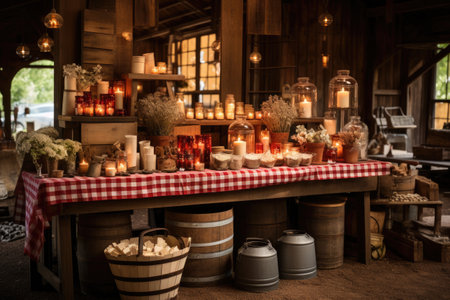 Candles and flowers at a wedding reception in a rustic styleの素材