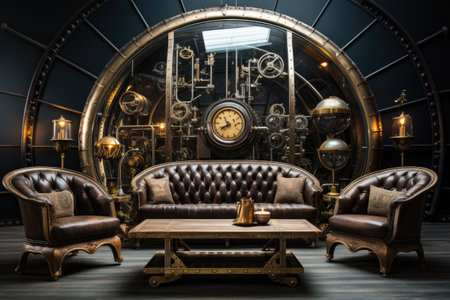 Luxury living room interior with brown leather armchairs and vintage clockの素材