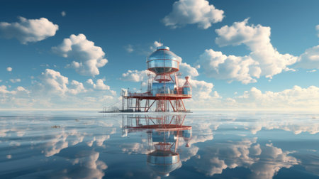 Lighthouse in the sea with clouds and reflection.の素材