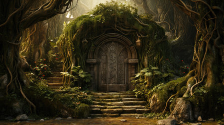 an old wooden door in a fantasy forest.の素材