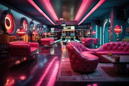 Interior of a night club with bright neon lights and red sofaの素材