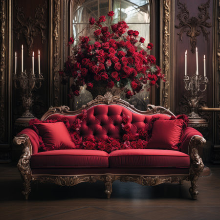 Luxury red sofa with red pillows in classic interior.の素材